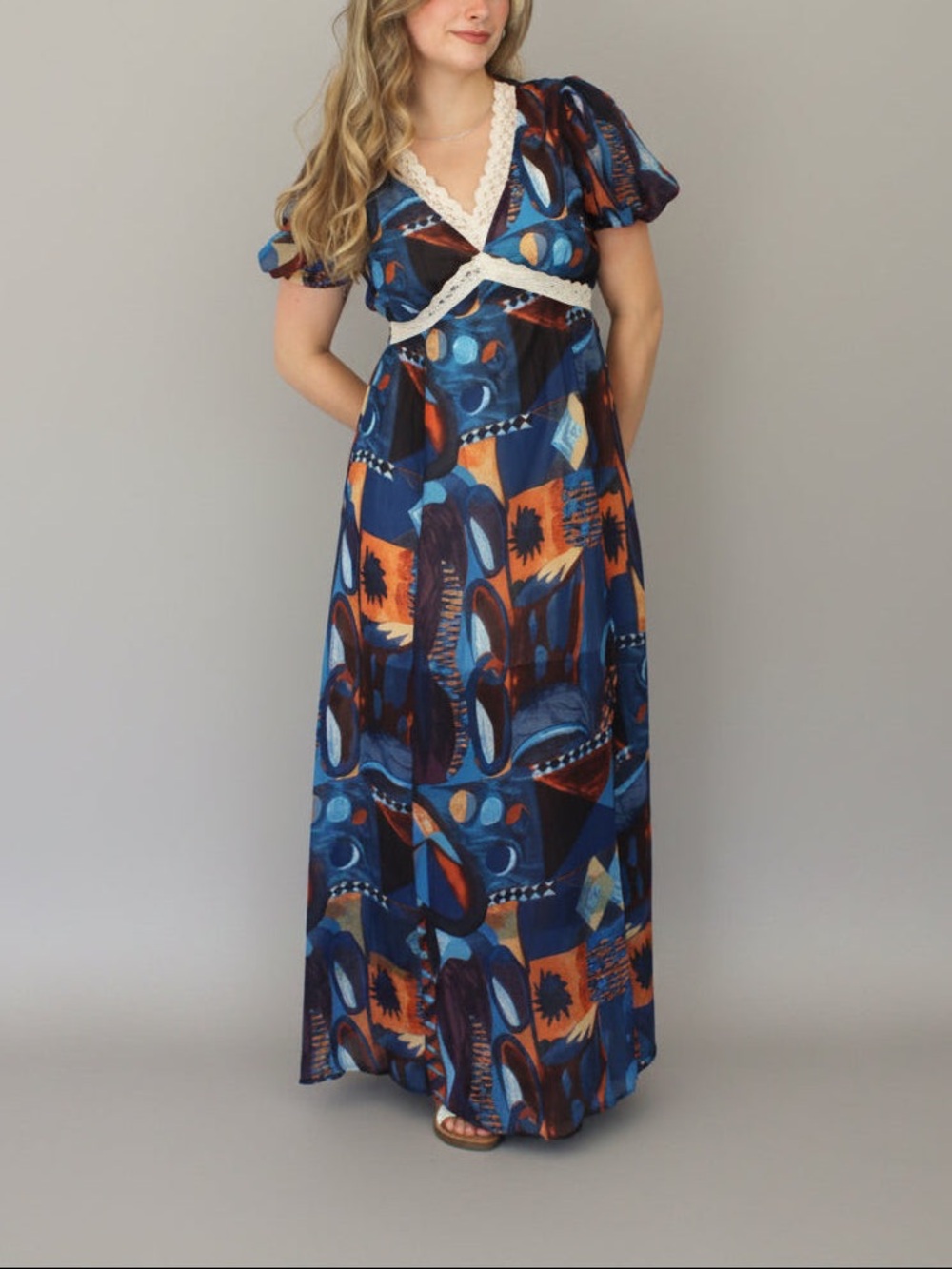 Abstract Print Blue & Orange Maxi Dress with Lace Trim - NWOT